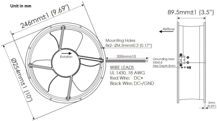 Mechanical Drawing - Orion Fans OD254AP IP68 Div1 UL60079 Explosion Proof DC Fans